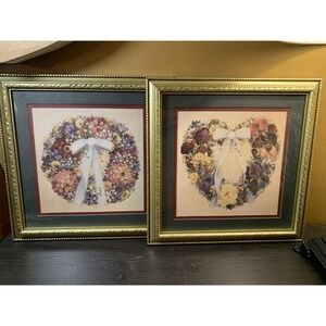 Vintage Set Gold Framed Floral Wreath Ribbon Art Prints Signed By Glynda Turley
